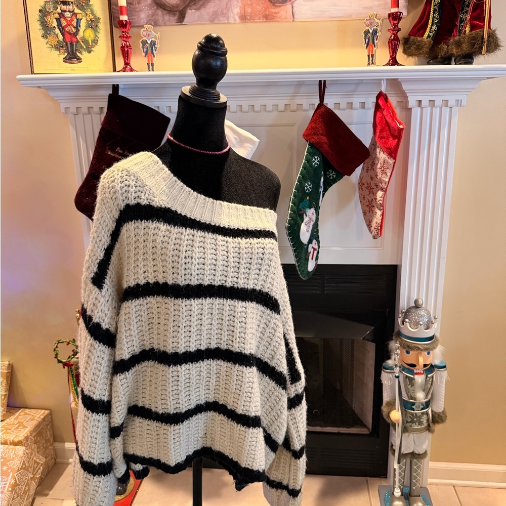 Kori Off-the-Shoulder Black and Cream Sweater